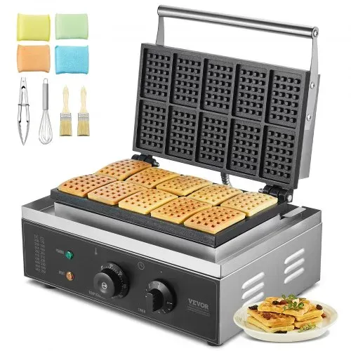 VEVOR Kommerzielles Waffeleisen 1550 W antihaftbeschichtetes Waffeleisen aus Edelstahl mit Temperatur- und Zeitregelung, Griff, für Restaurant Bäckerei Snackbar Familie 10 rechteckige Waffeln VEVOR Kommerzielles Waffeleisen 1550 W antihaftbeschichtetes Waffeleisen aus Edelstahl mit Temperatur- und Zeitregelung, Griff, für Restaurant Bäckerei Snackbar Familie 10 rechteckige Waffeln