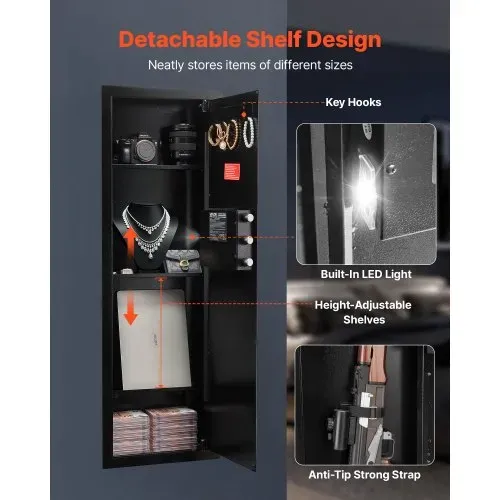 VEVOR Wandsafe Wandtresor mit Passwort & Schlüssel, Einbaugehäuse aus kaltgewalztem Stahl Q235 mit verstellbaren Ablagen & LED-Beleuchtung, Einbausafe Schranktresor für Geld Schmuck Reisepass – Bild 4