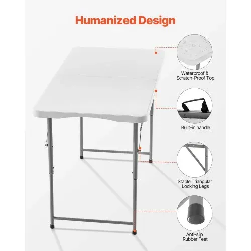 VEVOR Klapptisch Buffettisch tragbarer Allzwecktisch 122 cm, rechteckiger Kunststofftisch mit verstellbarer Höhe & integriertem Griff, Gartentisch Campingtisch für Partys Picknick Camping, weiß – Bild 5