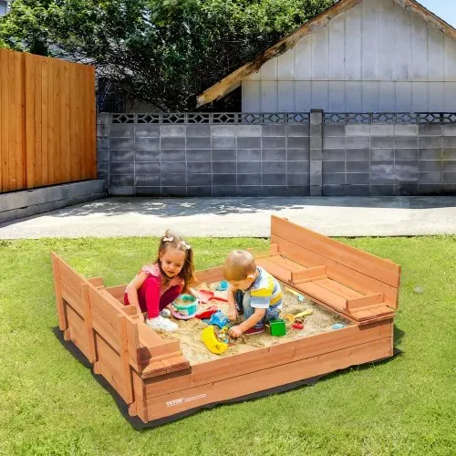 VEVOR Sandkasten aus Holz, 132 x 120 x 43 cm, Sandkasten mit klappbaren Sitzbänken und Bodeneinlage, Sandkasten aus Naturholz für Kinder für den Garten, Strand, Park, Geschenk für Jungen und Mädchen im Alter von 3–12 Jahren – Bild 7