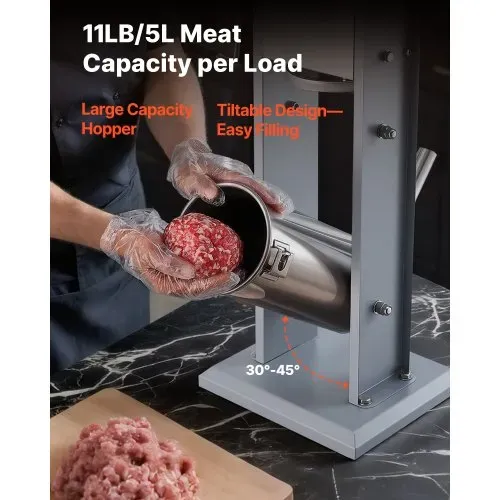 VEVOR Manueller Wurstfüller 5 L, Vertikale Wurstfüllmaschine mit zwei Geschwindigkeiten (Schnell/Langsam) & 5 Füllrohren & Griff, Fleischfüller aus Edelstahl für Gewerblichen & Privaten Gebrauch – Bild 3