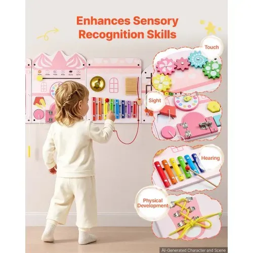 VEVOR Montessori Busy Board 14-in-1 Sensorisches Wandmotorikbrett Burgform, Motorikspielzeug zur Bildung & Frühe Entwicklung für Kinder, aus MDF-Platten, mit Xylophon Uhr Zahnrädern & Lernelementen – Bild 2