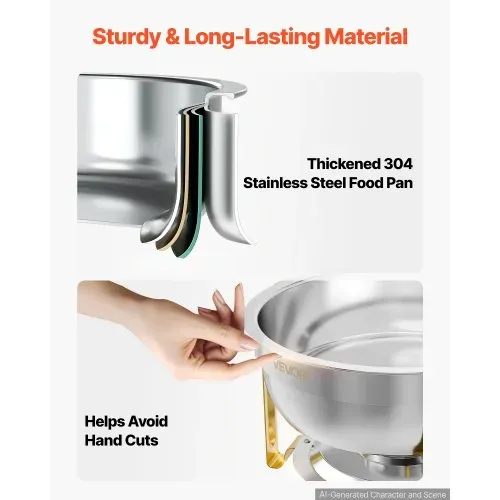 VEVOR Chafing Dish Set 4-tlg. 5,68 L Warmhaltebehälter Edelstahl für Buffets, Hochzeiten, Partys & Familienfeiern, Sichtdeckel, Wasserbehälter, Brennstoffbehälter, Stapelbar für Warme & Kalte Speisen – Bild 3