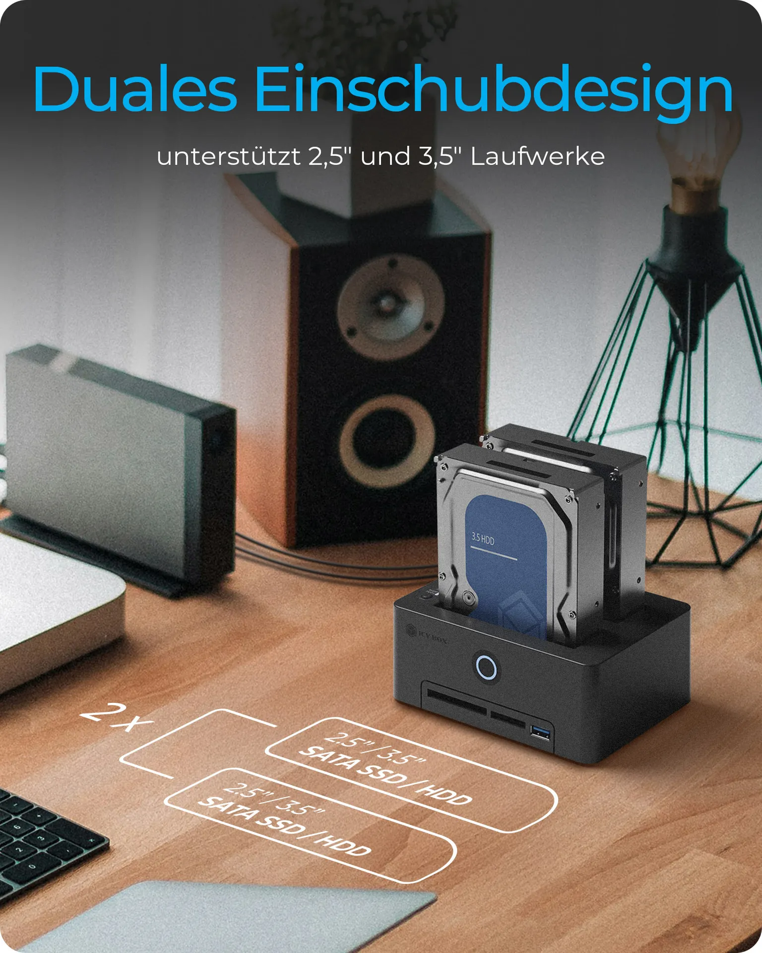 ICY BOX IB-1233CL-CR, HDD Docking & Klonstation mit Kartenlesern CF + SD und USB Hub, USB 3.2 Gen1 (5 Gbit/s) – Bild 2