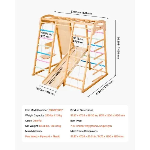 VEVOR Indoor Spielplatz Klettergerüst (9 in 1) aus Holz, 113 kg belastbares Montessori-Kletterspielzeug-Set mit Schaukeln/Klettergerüst/Rutsche/Holzleiter/Strickleiter/Kletternetz/Fels/Stange/Seil – Bild 6
