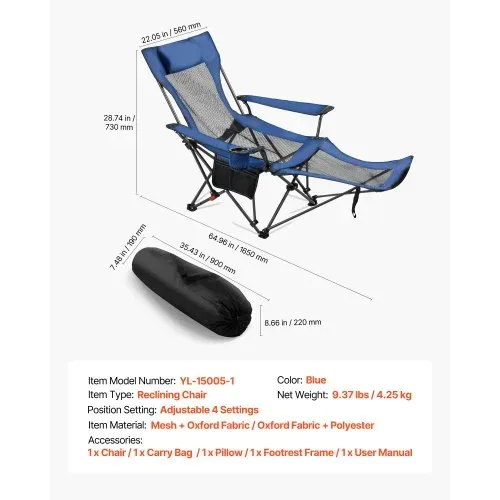 VEVOR Campingstuhl faltbar, Liegestuhl mit 4 verstellbaren Positionen, Relaxsessel Liege mit Getränkehalter, Netz-Strandstuhl mit Kopfstütze und Fußstütze, trägt 100 kg , für Outdoor Camping, blau – Bild 6