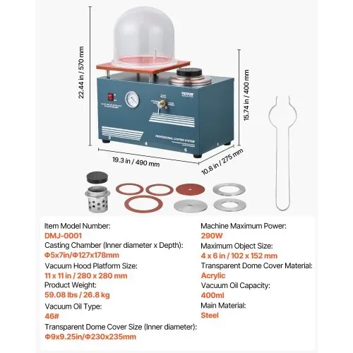 VEVOR Vakuum-Einbettgussmaschine 400 ml mit 3 CFM-Pumpe & Glocke & Präzisionsmanometer, Metallschmuckgusswerkzeug Vakuumgussmaschine zum Gießen von Schmuck und Schmelzen (28 x 28 cm) 290 W Leistung – Bild 6