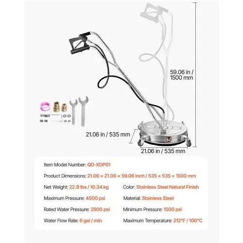 VEVOR 535 mm Hochdruckreiniger-Oberflächenreiniger, Flächenreiniger aus Edelstahl auf Rädern, 310 Bar max. 0,95 cm Anschlussstück, Doppelgriff, 2 Düsen, Spray für Betonterrasse – Bild 6