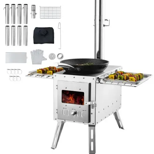 VEVOR Holzofen, 590 x 790 x 2620 m, Camping-Zeltofen aus Edelstahl, Holzofen mit Kaminrohren und Handschuhen, 1646 Kubikzoll großer Feuerraum-Zeltofen zum Kochen und Heizen im Freien mit 8 Rohren – Bild 8