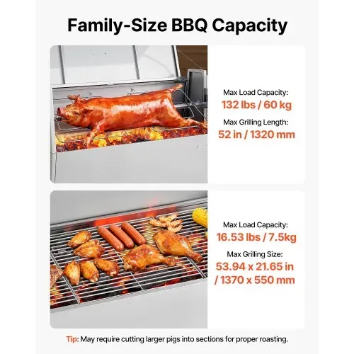 VEVOR Drehspießgrill 38 W Spanferkelgrill Lammgrill Holzkohlegrill (132 cm Grilllänge) mit 60 kg Tragkraft & Rädern & 4-facher Höhenverstellung & Deckel, Edelstahl-Elektrogrill-Set für Camping – Bild 2