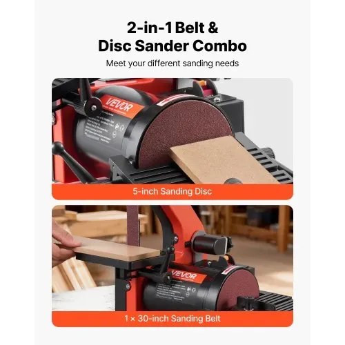 VEVOR Band-Tellerschleifer 250 W, 127 mm Tellerschleifer & 25,4x762 mm Bandschleifer, mit 0-45° verstellbarem Arbeitstisch & Staubabsauganschluss für Holzbearbeitung, Messerschärfen – Bild 2
