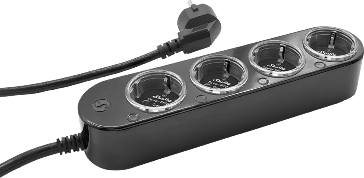 Shelly · Plug & Play „Power Strip 4 Gen4“ · Smarte Steckdosenleiste · 4x 12A · Messfunktion · WLAN · Zigbee · Matter · BT · schwarz Shelly · Plug & Play „Power Strip 4 Gen4“ · Smarte Steckdosenleiste · 4x 12A · Messfunktion · WLAN · Zigbee · Matter · BT · schwarz