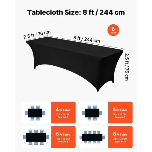 VEVOR 6 x Stretch Spandex Tischdecke Tischwäsche (rechteckig) geeignet für 244 cm Tische, waschbarer knitterfreier Tischdeckenschutz, Tischtuch für Partys Hochzeiten Bankette Festivals, Schwarz – Bild 3
