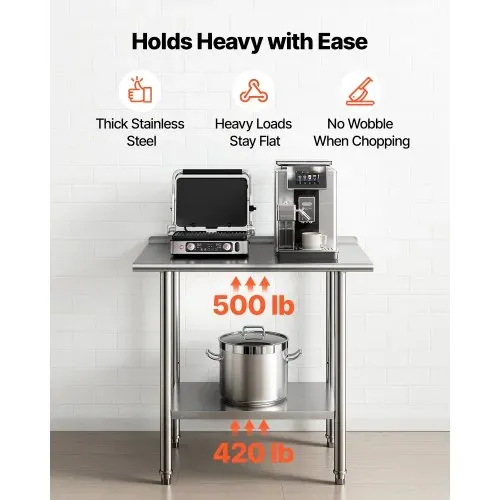 VEVOR Edelstahltisch Gastro 915 x 610 x 894 mm, Verstellbarer Edelstahltisch mit Aufkantung,Arbeitstisch mit Grundboden für Restaurant Schwerlast Obere Ablage (227 kg) Untere Ablage (191 kg) – Bild 3