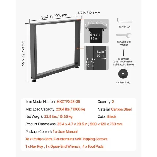 VEVOR Tischkufen aus Vierkantprofilen 2er-Set 750x900 mm, Tischuntergestell max. 1000 kg, Tischbeine, Möbelfüße, Tischgestell, Tischfüße für Schreibtische, Couchtisch, Esstische, Schwarz – Bild 4