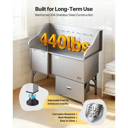 VEVOR 304 Edelstahl-Hundewaschstation, 154,9 cm große Pflegebadewanne mit rutschfester, flacher Rampe, Schublade, Warm- und Kaltwasserhahn, All-in-One-Badewanne für Pflegesalons, für alle Größen geeignet (rechte Tür) – Bild 5