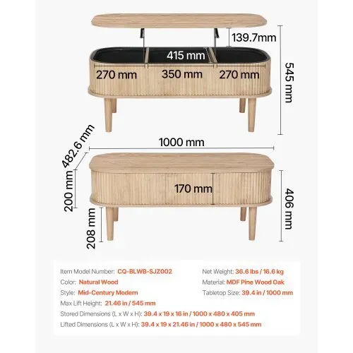 VEVOR Couchtisch Höhenverstellbar 1000x480x405-545 mm, Wohnzimmertisch mit Stauraum, Ausziehbarer Kaffeetisch im Mid-Century-Stil aus MDF, Hubtischplatte für Zuhause & Büro, Naturholz – Bild 6