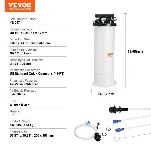 VEVOR Ölabsaugpumpe 6,5L Manuell Pneumatisch Ölabsauggerät 0,4–0,8 MPa Ölwechselpumpe Auto Absaugpumpe Handpumpe Flüssigkeitsabsaugpumpe Geeignet zum Absaugen von Motoröl Getriebeöl Bremsflüssigkeit – Bild 6