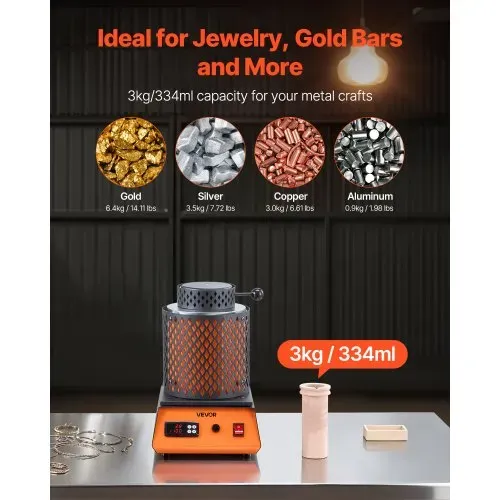 VEVOR digitaler Goldschmelzofen Maschine mit 3 kg Keramiktiegel, elektrischer Schmelzofen 1350 W max. 1150 ℃, Metallschmelzofen Set für Schmuckherstellung Metallbarren Metallkomponenten Schwarz – Bild 2