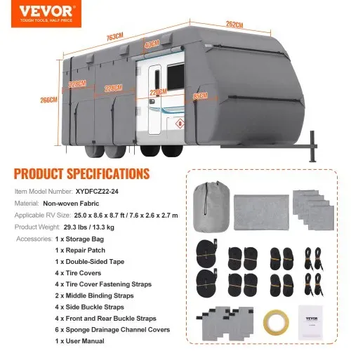 VEVOR Wohnwagen-Schutzhülle für 6,7-7,3 m Wohnwagen, Wohnwagenabdeckung aus Vliesstoff wasserdicht winddicht sonnenbeständig, Universal-Wohnwagenhülle mit Aufbewahrungstasche Reparaturflicken Gurten – Bild 5