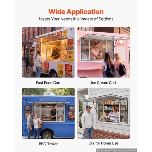 VEVOR Verkaufsfenster für Foodtrucks 1524 x 915 mm aus Aluminiumlegierung, Konzessionsfenster für Imbisswagen, bis zu 85° Aufklappbar, 4 Acryl-Schiebefenster, Verkaufsklappe, Schlepphaken, Regenschutz – Bild 5
