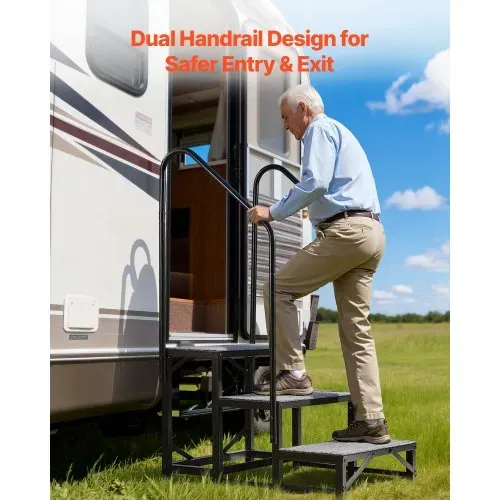 VEVOR Wohnmobiltreppe mit 2 Handläufen (3 Stufen), Standtreppe mit 300 kg Tragkraft, Außentreppe mit Rutschfester Matte für Senioren/Haustiere, Trittstufe für Camper, Mobilheim, Veranda, Pool und Spa – Bild 3