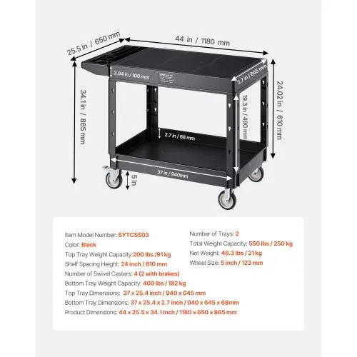 VEVOR Werkzeugwagen, 250 kg Tragkraft, Werkstattwagen, Mehrzweckwagen aus Kunststoff mit zwei Ablagen & 360°-Lenkrollen (2 mit Bremse), geeignet für Lager, Garage, Reinigung, 1180x650x865 mm – Bild 6