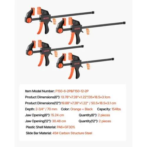 VEVOR Stangenklemmen für Holzbearbeitung 4 Stk. (30,48 cm / 15,24 cm Öffnung), Quick-Grip F-Klemme mit 70 kg Belastungsgrenze, 70 mm Tiefe, Klemmen aus Kunststoff & Stahl, Metallbearbeitung – Bild 6