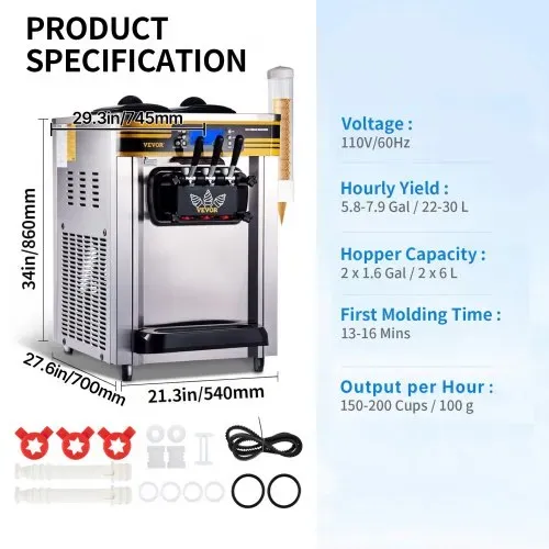 VEVOR Kommerzielle Softeismaschine 2350 W Arbeitsplatte Softeismaschine 22-30 L/Std.Softeismaschine Desktop, Softeismaschine 3 Geschmack mit LCD-Display Eiscrememaschine Speiseeismaschine – Bild 6