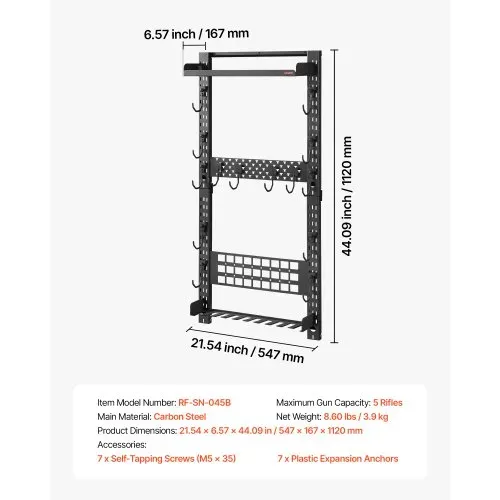 VEVOR Waffenwandhalterung für 5 Gewehre (Schrotflinten) & Waffenzubehör, Gewehrhalter mit J-Haken & Zusätzlicher Ablagefläche & Magazinhalter & MOLLE-Panel, Gewehrregal Kohlenstoffstahl, Waffenregal – Bild 6