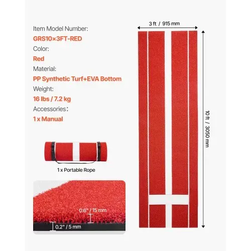 VEVOR Baseball-Schlagmatte Trainingsmatte (305 x 92 cm) Trainingspad Schlagkäfigmatte, Baseballmatte mit lichtechter Rasen & rutschfester Schaumstoffrückseite, tragbare Softballmatte Pitching Rot – Bild 6