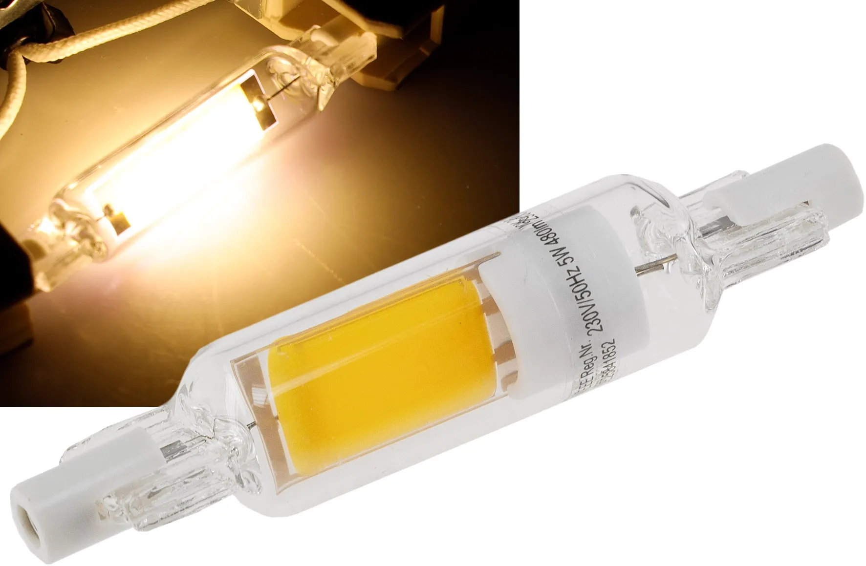 LED Strahler R7s „Glas RS78“ 360°, 480lm, 78mm, 2900k / warmweiß LED Strahler R7s „Glas RS78“ 360°, 480lm, 78mm, 2900k / warmweiß