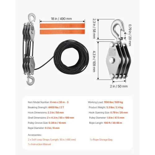 VEVOR Flaschenzug mit 2 T Bruchfestigkeit, 30 m, 5:1 Hubkraft, Hochleistungs-Seilzug mit 2 weichen Schlaufen, Metallrad-Lagerstruktur, Umlenkrolle Universalseilzug zum Heben schwerer Gegenstände – Bild 6