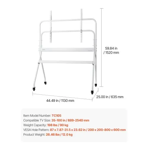 VEVOR TV-Ständer rollbarer TV-Wagen für 889–2540 mm Fernseher Fernsehständer TV Standfuß bis zu 90 kg, TV Bodenständer mit Regal (Max. VESA 800 x 600 mm) für Wohnzimmer Schlafzimmer Büro – Bild 6