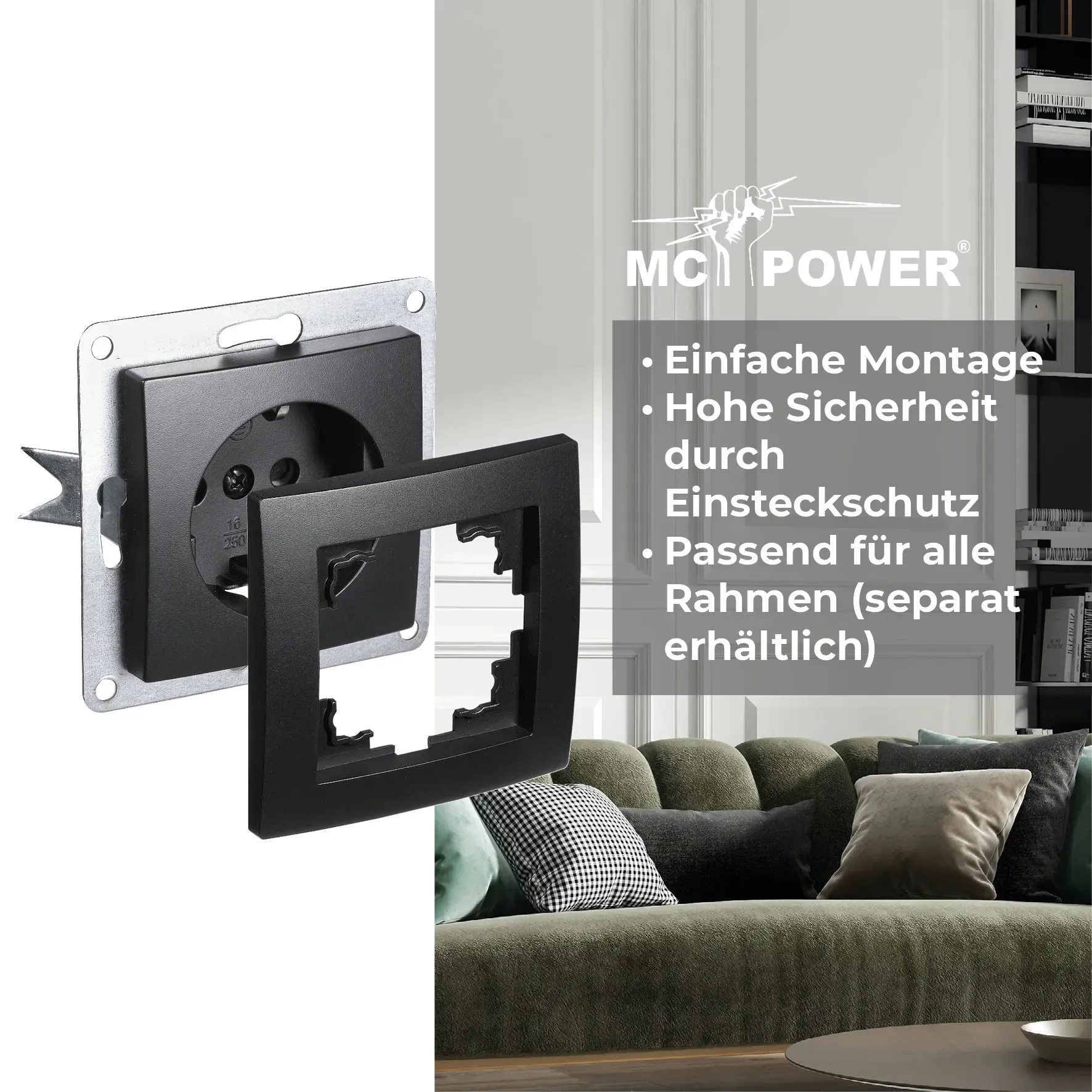 Schutzkontakt-Steckdose McPower ''Flair'', 250V~/16A, Steckanschluss, matt schwarz – Bild 4