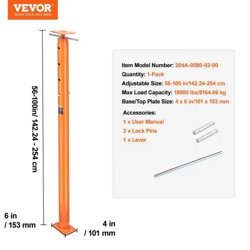 VEVOR Wagenheber fürs Haus, Höhenbereich von 142 bis 254 cm, maximale Tragkraft 8.600 kg, verstellbarer Stützbalken, Kellerheber, Pfostenstange zum Nivellieren, Hebestütze, Teleskop-Stahlheber für vorübergehende Unterstützung – Bild 6