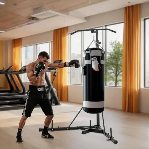 VEVOR 2 in 1 Boxsackständer Trainingsgerät Sandsackgestell aus Stahl, höhenverstellbare Boxsackhalterung mit Klimmzugstang (65 kg belastbar), freistehendes Fitnessgerät für Fitness-Studio Schwarz – Bild 7