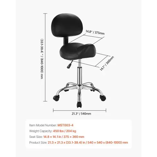 VEVOR Sattelhocker Rollhocker 204 kg belastbarer höhenverstellbarer (84-100 cm) Drehhocker Arbeitshocker mit Rückenlehne, ergonomischer PU-Leder-Drehsattelstuhl für Salon Spa Massage Klinik – Bild 6