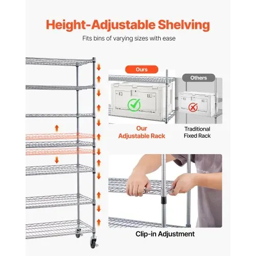 VEVOR Standregal, Lagerregal mit 7 Ebenen & 18 Stapelboxen, Bücherregal, Küchenregal mit Rollen, Werkzeugaufbewahrung für Garage, Lager, Büro, Restaurant, Klassenzimmer, Küche, 690x355x1490 mm – Bild 3