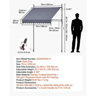 VEVOR Klemmmarkise 2 m, Höhenverstellbare Markise mit Handkurbel, Terrassenmarkise UPF 80+ Sonnenschutz, Sonnenmarkise, Balkonmarkise, Ideal für Terrasse, Balkon & Garten, Dunkelgrau VEVOR Klemmmarkise 2 m, Höhenverstellbare Markise mit Handkurbel, Terrassenmarkise UPF 80+ Sonnenschutz, Sonnenmarkise, Balkonmarkise, Ideal für Terrasse, Balkon & Garten, Dunkelgrau