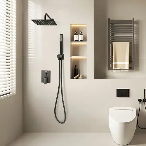VEVOR Duscharmatur Regenduschsystem fürs Badezimmer Duschsystem mit 254 mm quadratischen Regenduschkopf & Handbrause, wandmontierte Badezimmerarmaturen mit Messingventil & Zierset, Mattschwarz – Bild 7