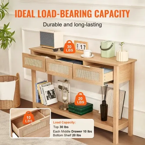 VEVOR Rattan-Konsolentisch mit 3 Schubladen, Rattan-Eingangstisch mit natürlicher Rattan-Schiebetür, Konsolen-Sofatisch für Wohnzimmer, Arbeitszimmer, Eingangsbereich oder Fernsehwand, Natur – Bild 3