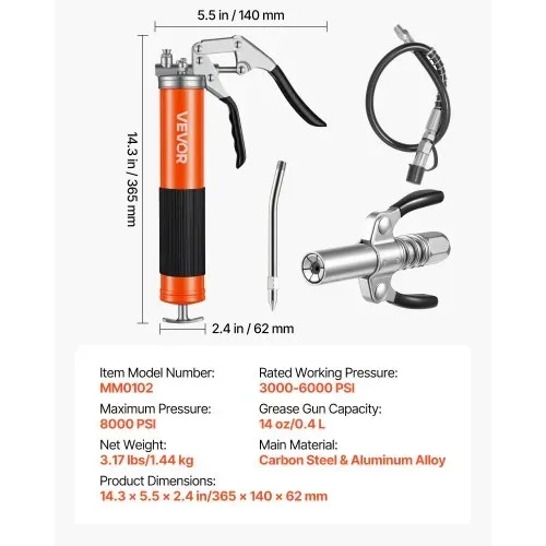 VEVOR Fettpresse, 551 bar, Schmierpressen-Set mit 0,4 L Fassungsvermögen, inkl. 45,7 cm Flexschlauch, Doppelgriff-Fettkupplung, starrem Verlängerungsrohr & scharfer Düse für Kfz & Schifffahrt – Bild 6
