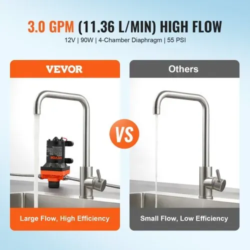 VEVOR 12-V-Membranpumpe, 11,36 L/min, 4-Kammer-DC-Wasserpumpe mit automatischem Druckschalter 40–100 PSI einstellbar, 55 PSI, 1/2 Zoll MNPT-Anschluss, für Wohnmobil, Yacht, Imbisswagen, Camper, Marine VEVOR 12-V-Membranpumpe, 11,36 L/min, 4-Kammer-DC-Wasserpumpe mit automatischem Druckschalter 40–100 PSI einstellbar, 55 PSI, 1/2 Zoll MNPT-Anschluss, für Wohnmobil, Yacht, Imbisswagen, Camper, Marine
