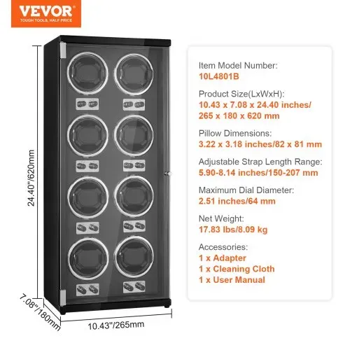 VEVOR Uhrenbeweger, Automatik-Uhrenbeweger, Watch Winder, Uhrenbeweger für Automatikuhren, Automatischer Uhrenbeweger mit Platz für 8 Uhren, LED Beleuchtung, 150–207 mm Einstellbar Riemenlänge – Bild 6