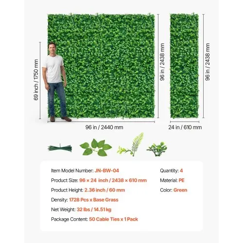 VEVOR Künstliche Hecke 2,4 m x 61 cm 4-tlg. Set, Pflanzenwand, PE-Sichtschutz, Sichtschutzzaun, Windschutz, Heckenzaun, Kunstpflanzen Balkonverkleidung für Hochzeiten, Außengärten, Hinterhöfe – Bild 6