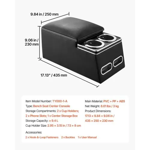 VEVOR Rücksitzbank-Mittelkonsole 435 x 250 x 230 mm Schwarze Staufachbox für Fahrzeuge mit Rücksitzbank, mit 2 Getränkehaltern und Handyhalter, Sicher per Schnalle Befestigt und Neu Positionierbar – Bild 6