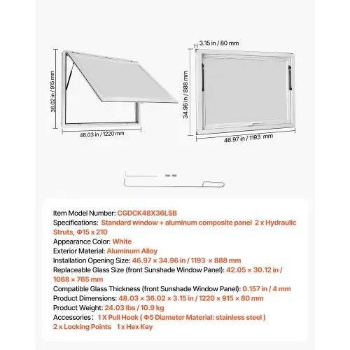 VEVOR Verkaufsfenster 1220 x 915 x 80 mm Konzessionsfenster Servicefenster für Imbisswagen und Verkaufsstände, bis 85° Aufklappbar, Aluminiumlegierungsrahmen, mit Verkaufsklappe und Regenschutz – Bild 6