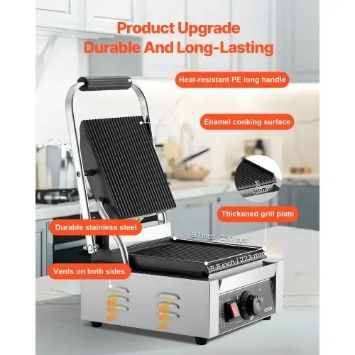 VEVOR kommerzieller Panini-Grill Kontaktgrill 1800 W für Sandwiches Steak Bacon Hamburger, Sandwichmaker Pressgrill aus Edelstahl mit Griff & Temperaturregelung & 22 x 23 cm Heizplatte, Paninipresse – Bild 2