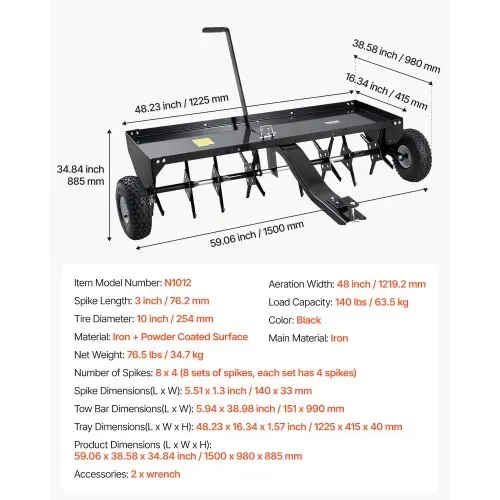 VEVOR Aerifizierer, 1500x980x885 mm, Rasenbelüfter zum Hinterherziehen mit Universalkupplung, Aufsitzmäher mit abwechselnd angeordneten Eisenspikes, Rasenlüfter für Gärten, Rasenflächen, Bauernhöfe – Bild 6